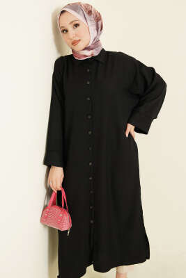Geniş Kollu Oversize Uzun Gömlek Siyah - HATUN
