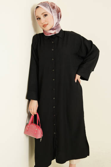 Geniş Kollu Oversize Uzun Gömlek Siyah - Gömlek