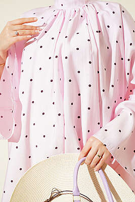 Geniş Kollu Puantiyeli Salaş Tunik Pembe - Tunik