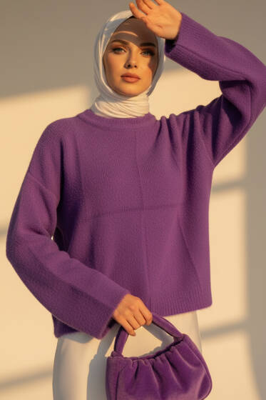 Geniş Kollu Sakallı Kısa Triko Kazak Lila - Triko Kazak