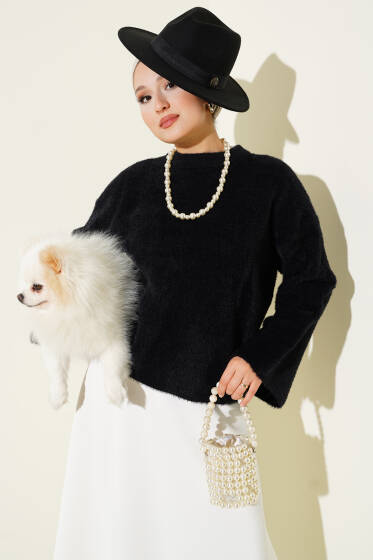 Geniş Kollu Sakallı Kısa Triko Kazak Siyah - Triko Kazak