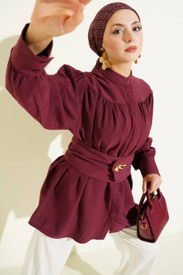Geniş Kuşaklı Büzgülü Gömlek Bordo - Gömlek