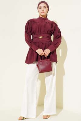 Geniş Kuşaklı Büzgülü Gömlek Bordo - Gömlek