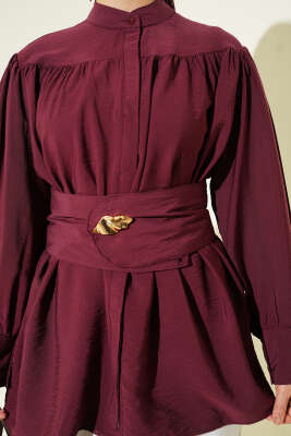 Geniş Kuşaklı Büzgülü Gömlek Bordo - Gömlek