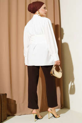 Geniş Kuşaklı Büzgülü Gömlek Ekru - Gömlek