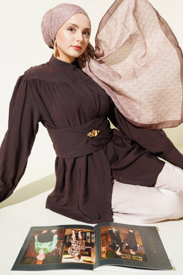 Geniş Kuşaklı Büzgülü Gömlek Kahve - Gömlek