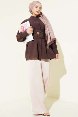 Geniş Kuşaklı Büzgülü Gömlek Kahve - Gömlek