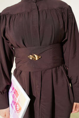 Geniş Kuşaklı Büzgülü Gömlek Kahve - Gömlek