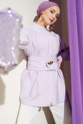 Geniş Kuşaklı Büzgülü Gömlek Lila - DESTİNA