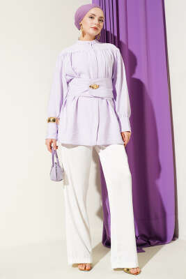 Geniş Kuşaklı Büzgülü Gömlek Lila - Gömlek
