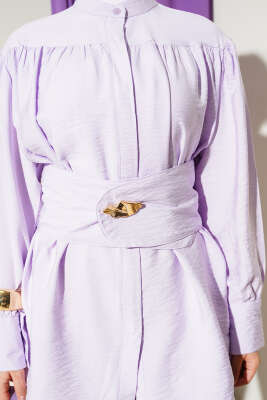 Geniş Kuşaklı Büzgülü Gömlek Lila - Gömlek