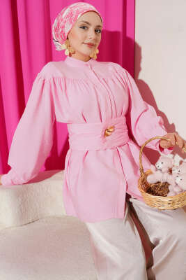 Geniş Kuşaklı Büzgülü Gömlek Pembe - DESTİNA