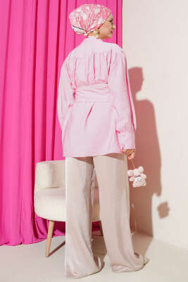 Geniş Kuşaklı Büzgülü Gömlek Pembe - Gömlek