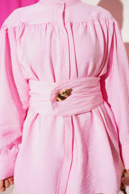 Geniş Kuşaklı Büzgülü Gömlek Pembe - Gömlek