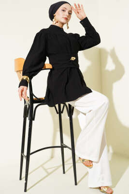 Geniş Kuşaklı Büzgülü Gömlek Siyah - Gömlek