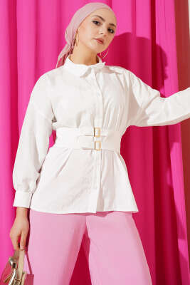 Geniş Lastik Kemerli Gömlek Beyaz - ZAMANE (QSS)