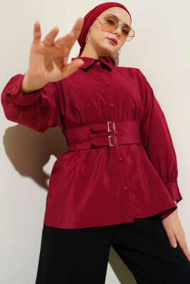Geniş Lastik Kemerli Gömlek Bordo - ZAMANE (QSS)