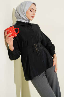 Geniş Lastik Kemerli Gömlek Siyah - ZAMANE (QSS)
