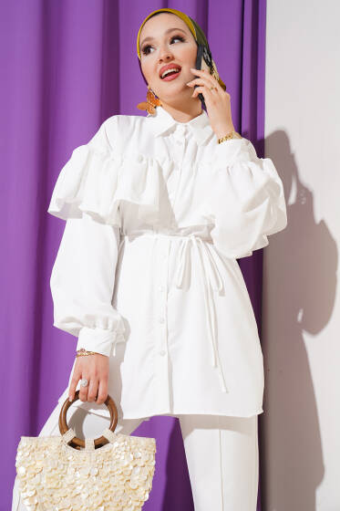 Geniş Omuz Fırfırlı Gömlek Beyaz - Gömlek