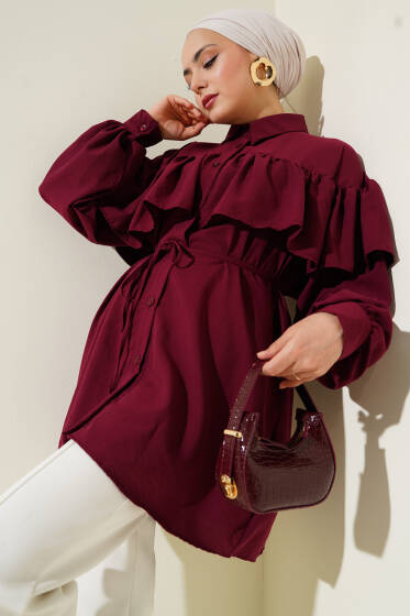 Geniş Omuz Fırfırlı Gömlek Bordo - Gömlek