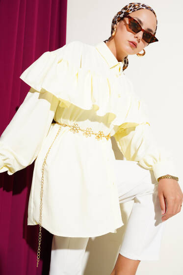 Geniş Omuz Fırfırlı Gömlek Sarı - Gömlek