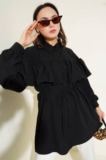 Geniş Omuz Fırfırlı Gömlek Siyah - Gömlek