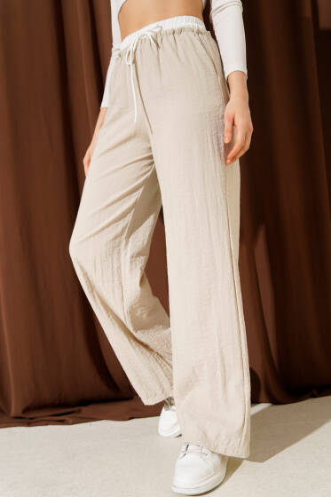 Geniş Paça Bel Garnili Pantolon Bej - Kadın Giyim Modelleri