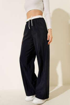 Geniş Paça Bel Garnili Pantolon Lacivert - QUZU