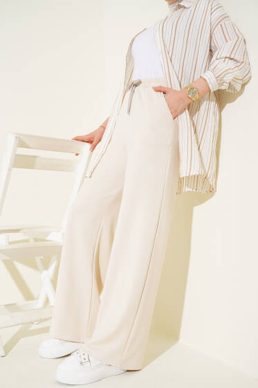 Geniş Paça Bel Lastikli Basic Pantolon Bej - Pantolon