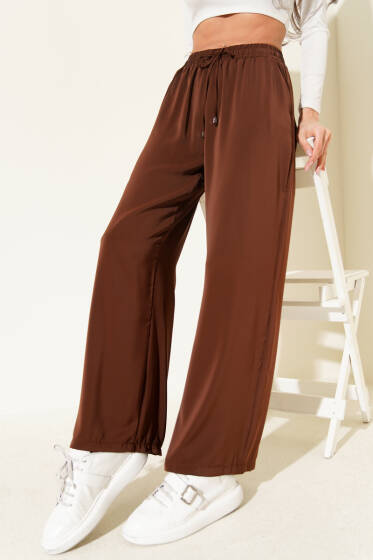 Geniş Paça Bel Lastikli Tensel Pantolon Kahve - Kadın Giyim Modelleri