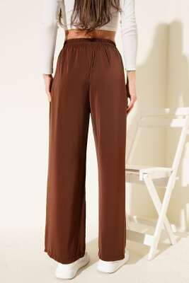 Geniş Paça Bel Lastikli Tensel Pantolon Kahve - Kadın Giyim Modelleri