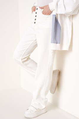 Geniş Paça Beş Düğmeli Jean Pantolon Ekru