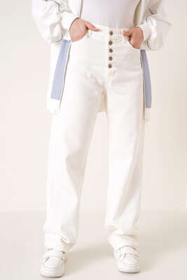 Geniş Paça Beş Düğmeli Jean Pantolon Ekru - Kot Pantolon