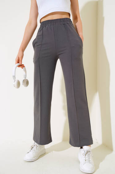 Geniş Paça Çımalı Pantolon Füme - Yeni Giyim