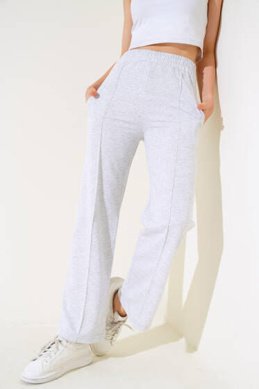 Geniş Paça Çımalı Pantolon Gri - Yeni Giyim