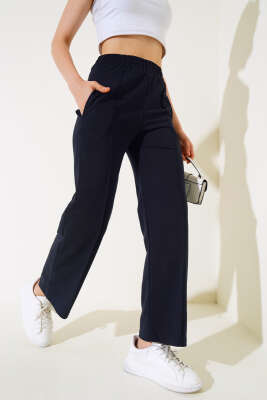 	 Geniş Paça Çımalı Pantolon Lacivert - Kadın Giyim Modelleri