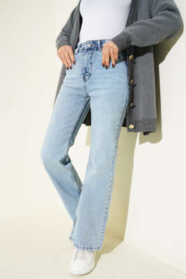 Geniş Paça Düğmeli Kot Pantolon Açık Kar - ZARX JNS