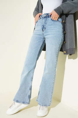 Geniş Paça Düğmeli Kot Pantolon Açık Kar - Pantolon