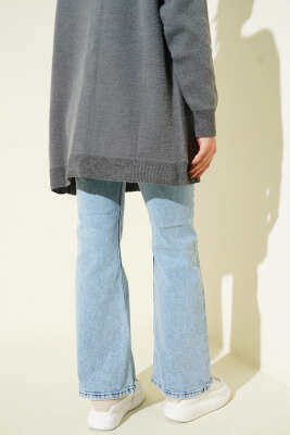 Geniş Paça Düğmeli Kot Pantolon Açık Kar - Pantolon