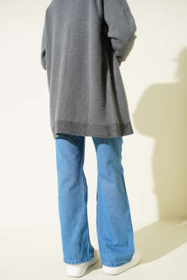 Geniş Paça Düğmeli Kot Pantolon Açık Mavi - Pantolon