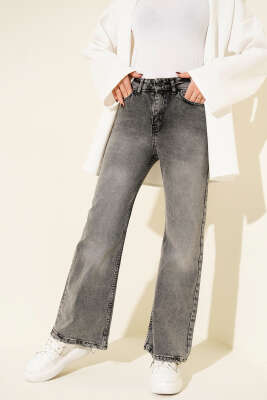 Geniş Paça Düğmeli Kot Pantolon Gri - 500-700 TL Ürünler