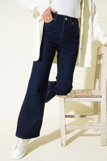 Geniş Paça Düğmeli Kot Pantolon Lacivert - Pantolon