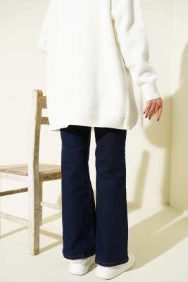 Geniş Paça Düğmeli Kot Pantolon Lacivert - Pantolon