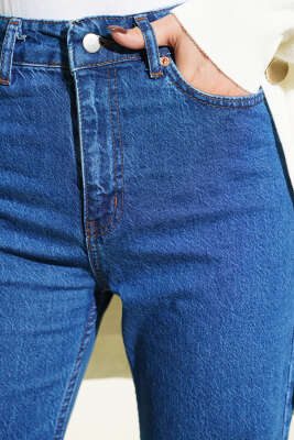 Geniş Paça Düğmeli Kot Pantolon Mavi - Pantolon