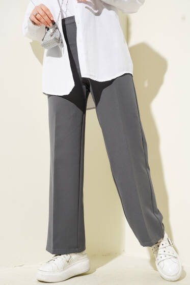 Geniş Paça Düğmeli Kumaş Pantolon Füme - Pantolon