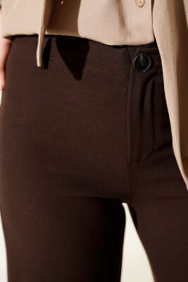 Geniş Paça Düğmeli Pantolon Kahve - Pantolon