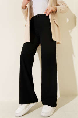Geniş Paça Düğmeli Pantolon Siyah - Pantolon
