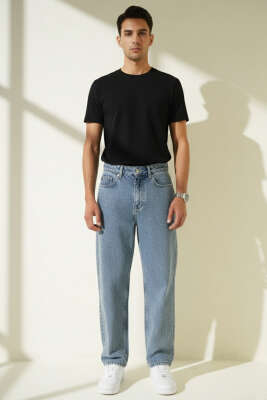 Geniş Paça Erkek Kot Pantolon Mavi Kar - Erkek Pantolon