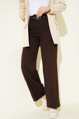 Geniş Paça Kemerli Kumaş Pantolon Kahve - Pantolon
