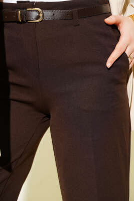 Geniş Paça Kemerli Kumaş Pantolon Kahve - Pantolon